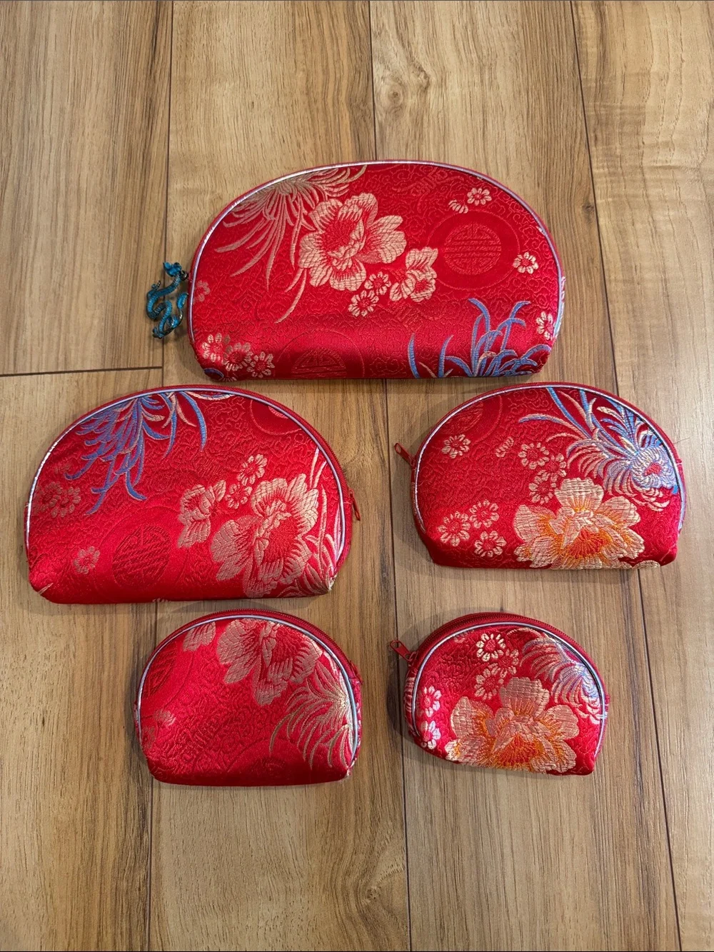Red Floral Silk Cosmetic or Jewelry Pouch Set - 5pc - Purchased in Beijing